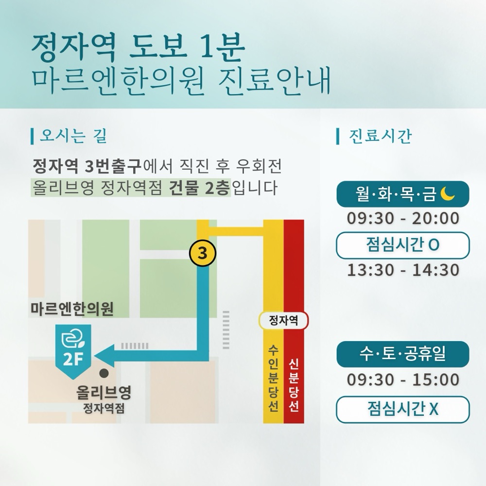 마르엔한의원 오시는 길 약도 — 정자역 3번 출구에서 직진 후 우회전, 올리브영 정자역점 건물 2층. 진료시간 월·화·목·금 09:30–20:00(점심 13:30–14:30), 수·토·공휴일 09:30–15:00