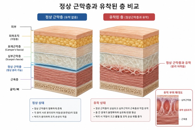 정상 근막층과 유착된 층 비교 — 정상은 층이 나뉘어 서로 미끄러지지만, 유착된 층은 근막이 근육층과 들러붙어 경계가 흐려진 모습